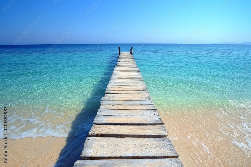Wooden pier extending into tranquil turquoise ocean on sunny day. Wooden pier extending into tranquil turquoise ocean on sunny day.