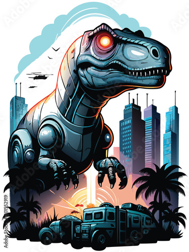 A photorealistic depiction of a robotic dinosaur with glowing LED eyes, sleek metallic scales, and a futuristic design.