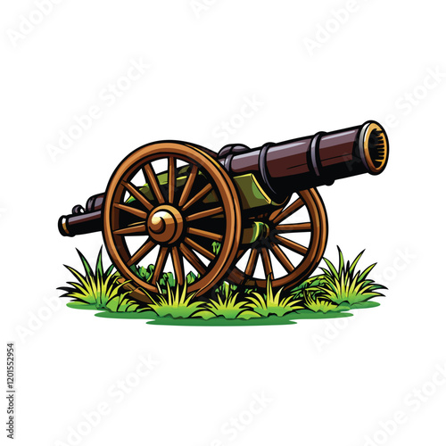 A detailed illustration of a historic artillery cannon resting on a lush green field, with intricate details of the cannon's design and surrounding environment.