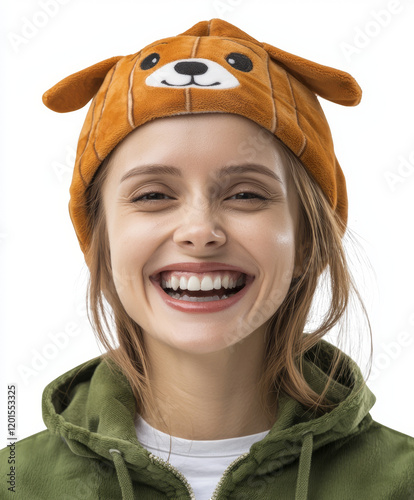 Smiling woman wearing an adorable dog-eared hat.