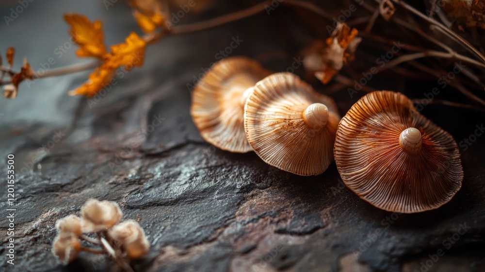 Rustic mushrooms styled on a textured wooden surface Rustic mushrooms styled on a textured wooden surface