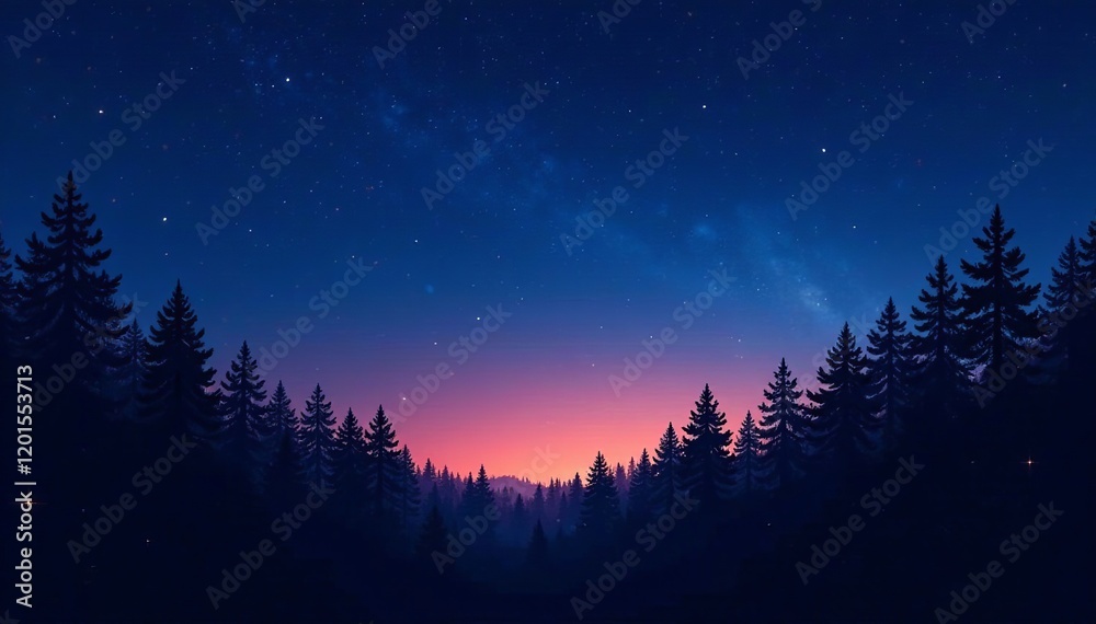 Fototapeta premium A serene twilight landscape with silhouetted trees against a starry sky.