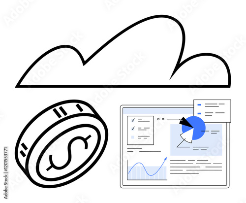 Coin and screen displaying charts under curved cloud. Ideal for finance, cloud services, data analysis, online banking, financial planning, digital economy, and technology. Line metaphor