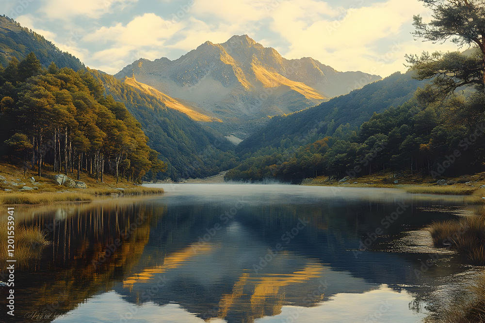 Fototapeta premium Majestic Mountain Lake with Sunrise Reflections