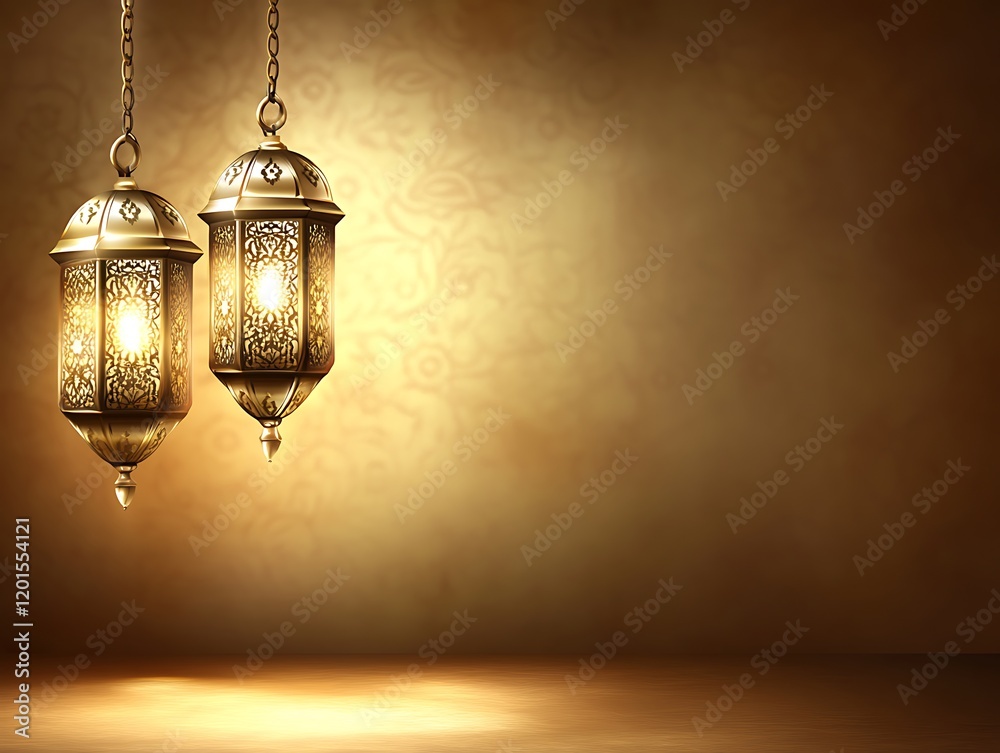Illuminated Golden Lanterns Hanging Against Brown Background Illuminated Golden Lanterns Hanging Against Brown Background