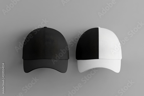 Two baseball caps, one black, one half black half white, on grey background. photo