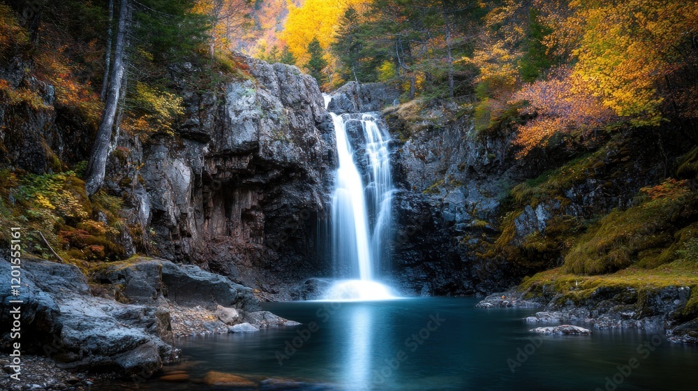 Serene waterfall nestled in vibrant autumn forest view. Serene waterfall nestled in vibrant autumn forest view.