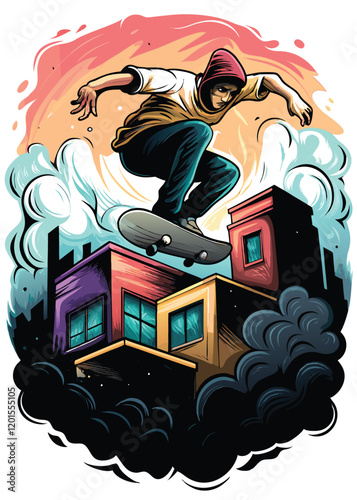 A skateboarder performs a daring trick, soaring high above a vibrant, graffiti-covered wall.