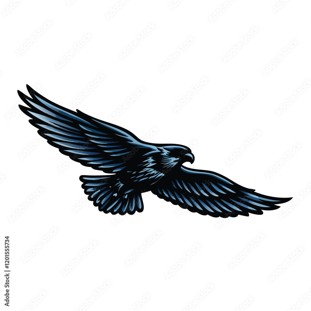 Fototapeta premium A minimalist black silhouette of a falcon in mid-flight, wings outstretched, against a white background, capturing its swift, powerful movement.