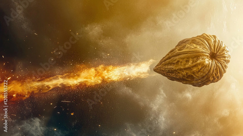 Surrealistic image of a walnut flying like a ballistic missile or meteor, blending creativity and striking visual impact
