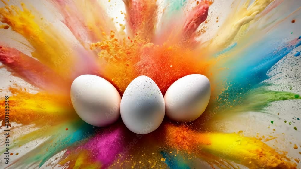 Three White eggs in colorful painting explosion and painting splashes, Painting Easter Eggs, Easter festive holiday concept