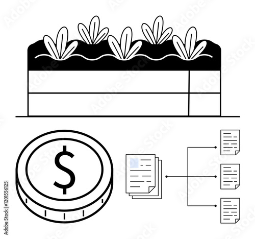 Plants in soil layers, dollar coin symbolizing investment, document flow showing information connections. Ideal for sustainability, farming, finance, growth, ecology, workflow abstract line flat