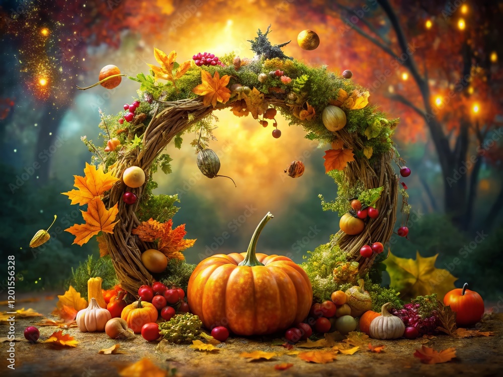 Surreal Autumn Pumpkin Wreath: Vibrant Vegetable Fantasy Surreal Autumn Pumpkin Wreath: Vibrant Vegetable Fantasy
