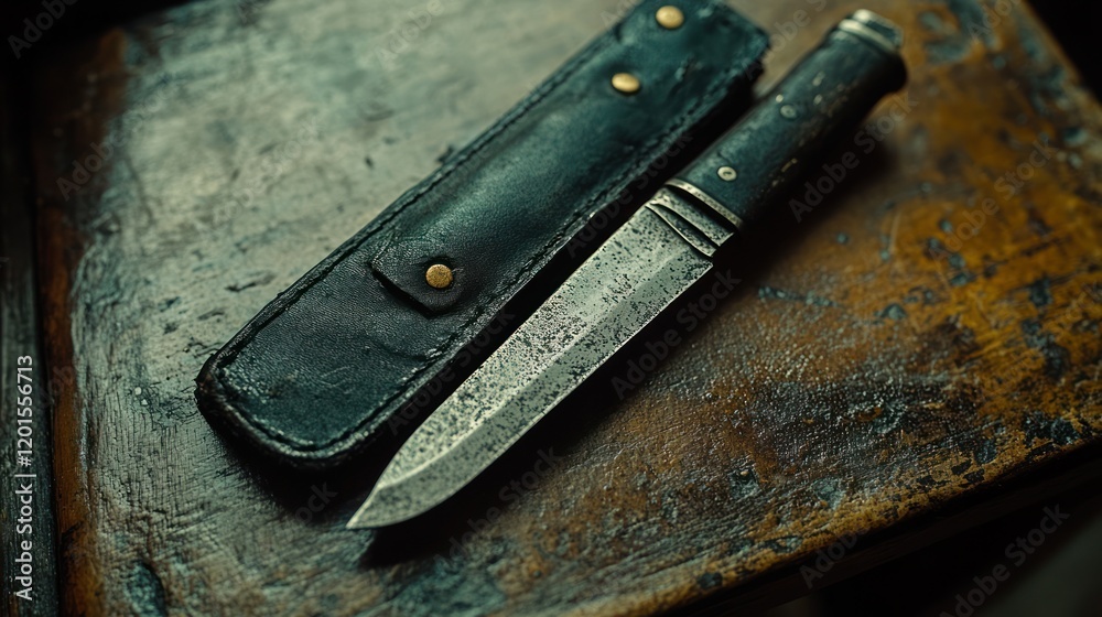 Antique knife with leather sheath on rustic wood. Antique knife with leather sheath on rustic wood.