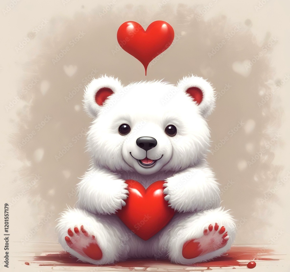Obraz premium Illustration of fluffy bear with red heart.