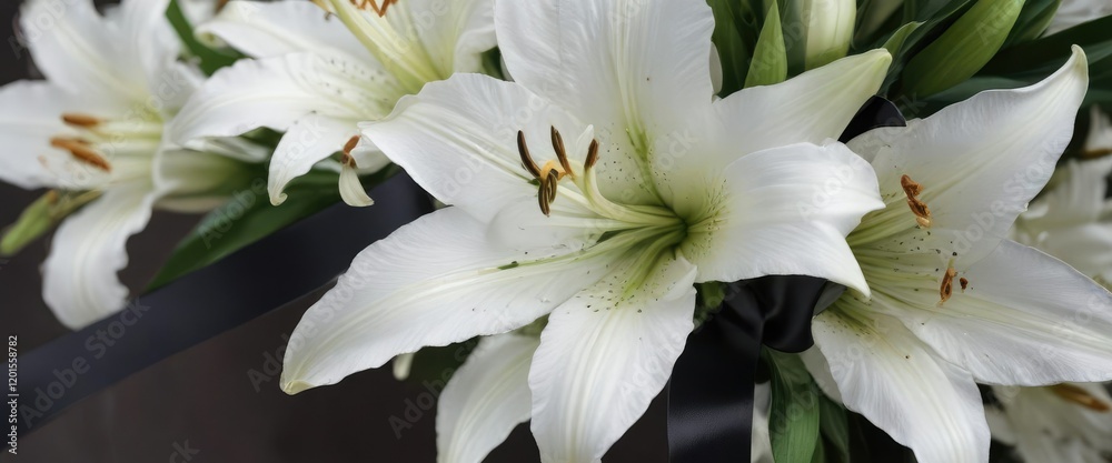 Close-up of white lilies with a black ribbon for a sympathy card, memory, floral arrangement Close-up of white lilies with a black ribbon for a sympathy card, memory, floral arrangement