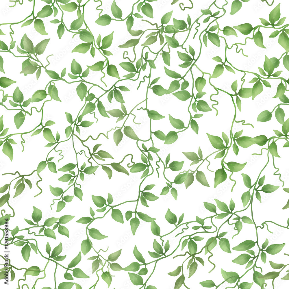 Ivy branches with green leaves on seamless pattern. Watercolor digital illustration. Climbing delicate plant with thin stem isolated on white background. Cute twigs and leaves Ivy branches with green leaves on seamless pattern. Watercolor digital illustration. Climbing delicate plant with thin stem isolated on white background. Cute twigs and leaves