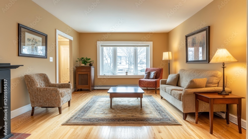 Fototapeta premium Bright Living Room with Cozy Sofa and Window View