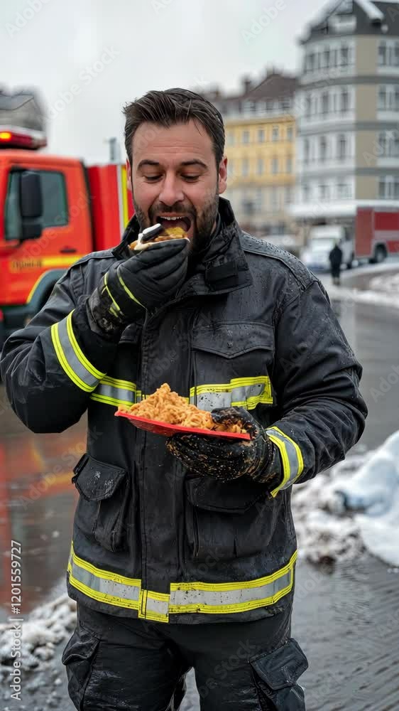 A firefighter takes a moment to enjoy a meal outside in a snowy downtown area amidst an event on a chilly day A firefighter takes a moment to enjoy a meal outside in a snowy downtown area amidst an event on a chilly day