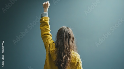 Woman in Yellow Jacket with Raised Arm