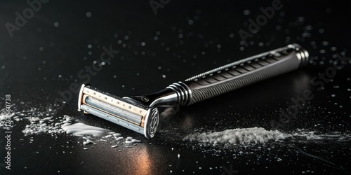 Close-up of a shaver razor on a sleek black background with visible shaving cream residue and a subtle glow effect, hygiene, shaving cream, personal care