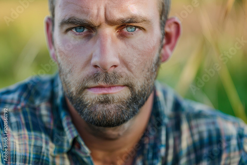 Generative AI Portrait of Male Farmer in Rural Environment with Agricultural Machines Ranch Harvesting Work