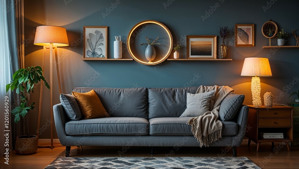 A modern living room interior features a cozy fireplace A modern living room interior features a cozy fireplace