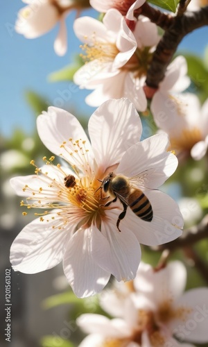 Close-up of a honey bee pollinating apricot blossoms in a garden, garden, apricot tree, spring