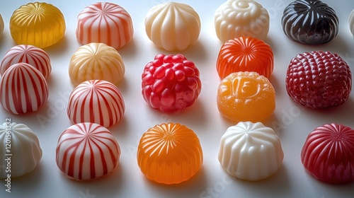 Assorted colorful hard candies arranged on white background. photo