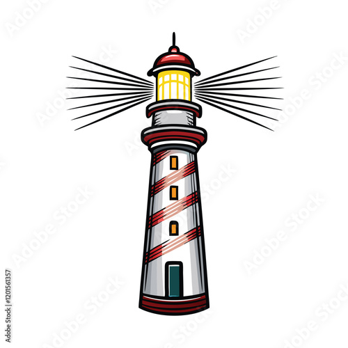 A stylized lighthouse with beams of light radiating outwards, creating a dramatic and artistic scene.