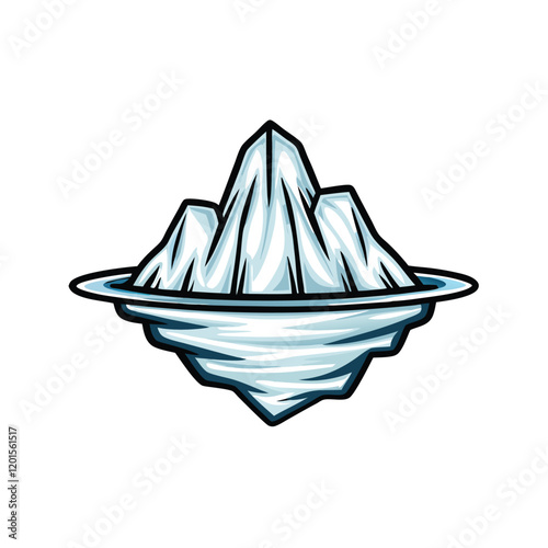 A stylized, geometric iceberg, with sharp edges and vibrant colors, floats majestically above a serene, blue body of water.