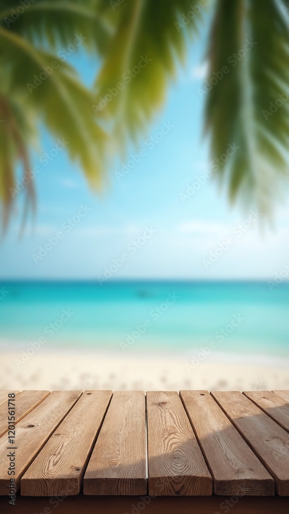 Fototapeta premium Empty old wood table top and blurred seascape and palm tree, blur bokeh light of calm sea and sky at tropical beach background