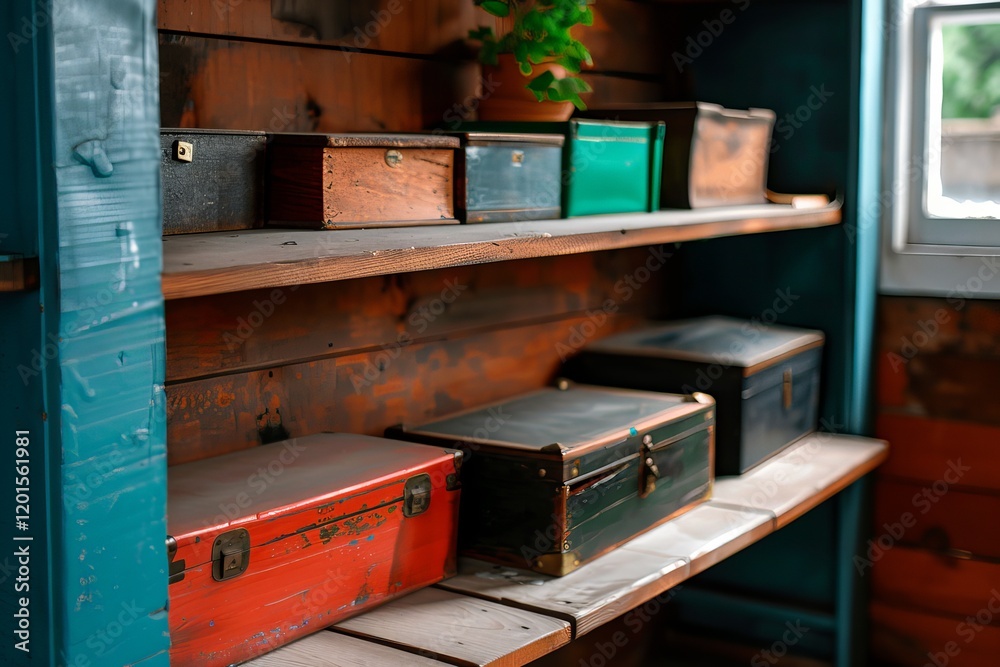 A shelf with a variety of wooden boxes, some of which are green and some are red A shelf with a variety of wooden boxes, some of which are green and some are red