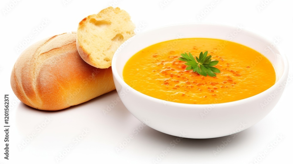 A bowl of soup with bread roll isolated on white A bowl of soup with bread roll isolated on white