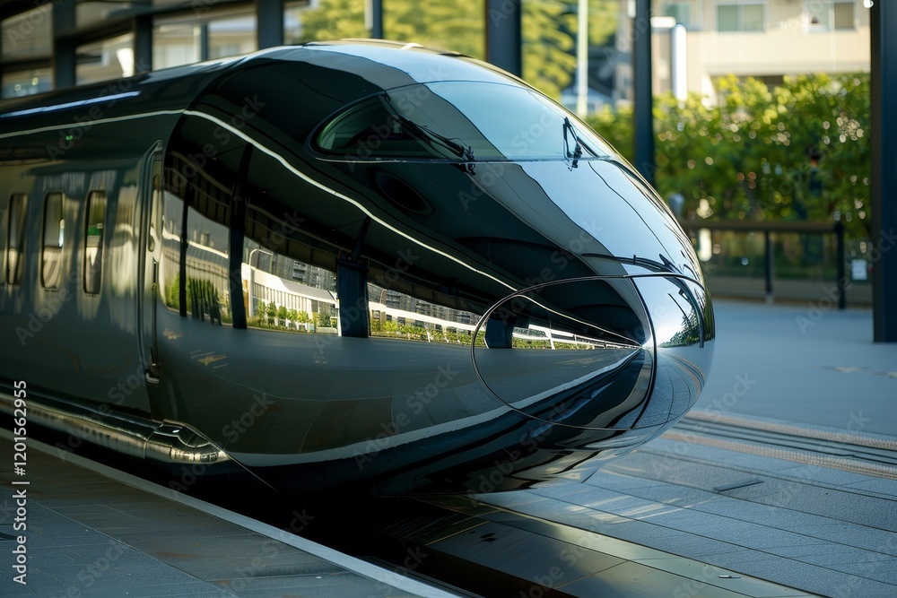 Fototapeta premium A sleek, modern train at a station, showcasing its reflective surface and aerodynamic design.