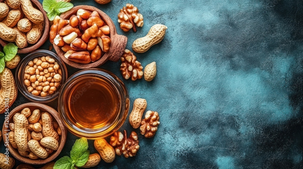 Assorted nuts and oil in bowls on dark background. Assorted nuts and oil in bowls on dark background.
