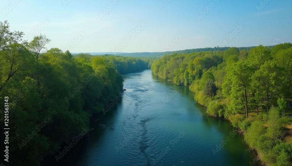 Scenic Tranquil River Flowing Through a Lush Green Forest with Dense Canopy Scenic Tranquil River Flowing Through a Lush Green Forest with Dense Canopy