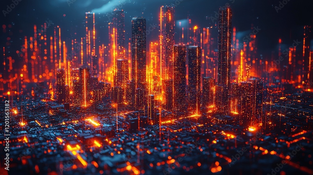 Naklejka premium A futuristic cityscape with glowing orange lights. Perfect for a sci-fi movie poster or game cover.