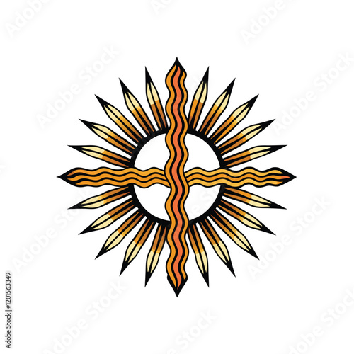 A vibrant sunburst with alternating straight and wavy rays emanating from a central point, creating a dynamic and visually engaging design.