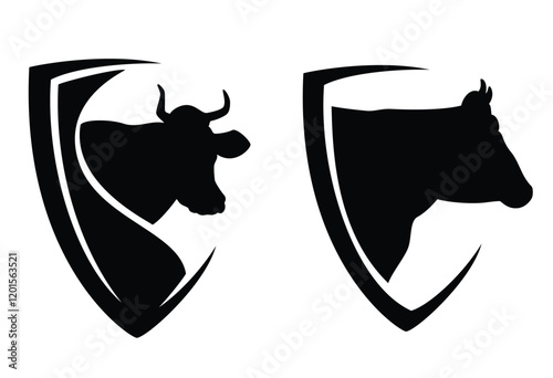 cow profile head in simple heraldic shield - milk and meat cattle farming black and white vector emblem design set