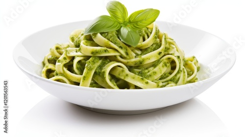 A fettuccine pasta with pesto sauce isolated on white background
