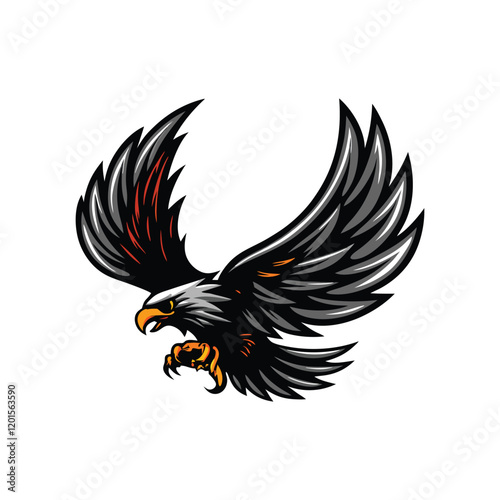 A stylized hawk in mid-flight, wings spread wide, with a dramatic shadow effect, creating a sense of dynamic motion and power.