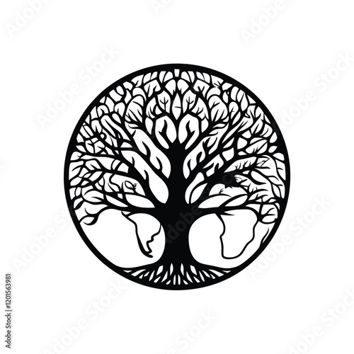 A minimalist illustration depicting a single tree silhouette, its branches reaching towards a circular world, evoking a sense of interconnectedness and growth.