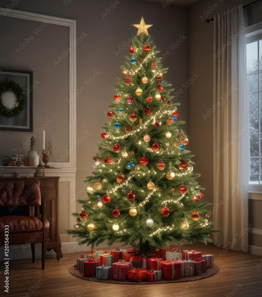 Christmas tree decorated with ornaments and lights , twinkling lights, christmas tree Christmas tree decorated with ornaments and lights , twinkling lights, christmas tree