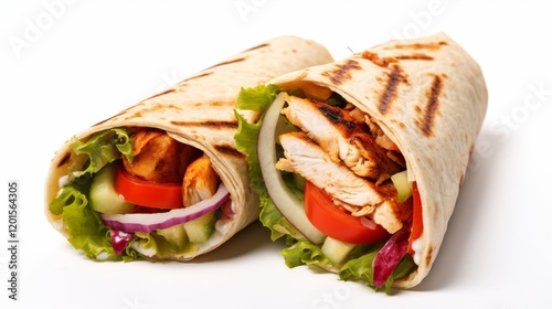 A grilled chicken burrito isolated on white background