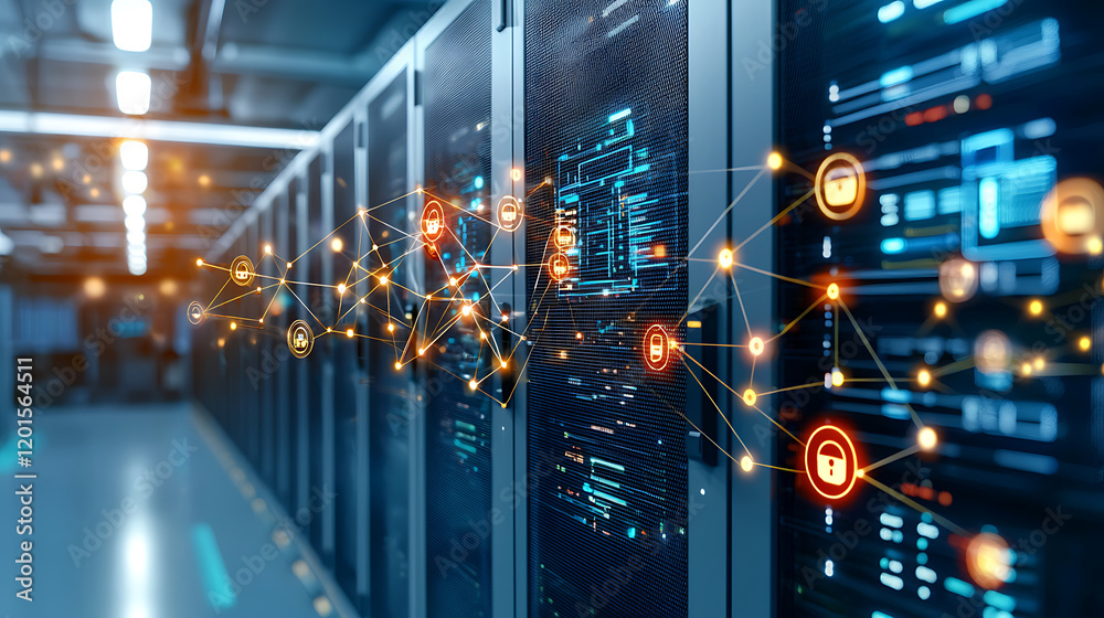 Obraz premium Digital network connections in data center with security icons and servers