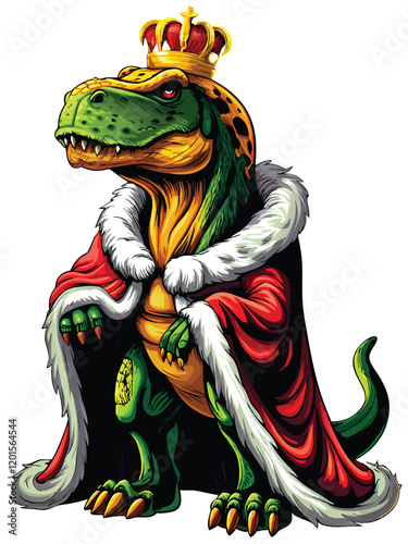 A Tyrannosaurus Rex, clad in regal attire, proudly wears a golden crown and ornate robes, embodying the image of a powerful, ancient king.