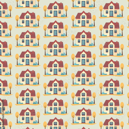 seamless pattern with houses and trees on pale  background,sweet home,flat style vector repeat  pattern
