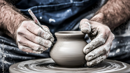 skilled potter shaping traditional handmade clay pot with care and precision. artistry and craftsmanship are evident in details