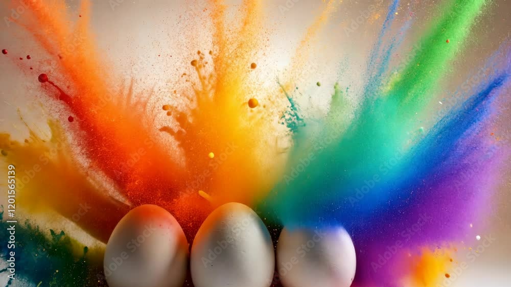 Three White eggs in colorful painting explosion and painting splashes, Painting Easter Eggs, Easter festive holiday concept